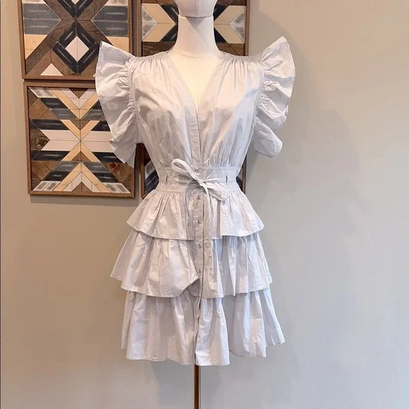 Ulla Johnson Sena Tiered Flutter-Sleeve Ruffle Dress in Dove size 6 - Picture 2 of 13